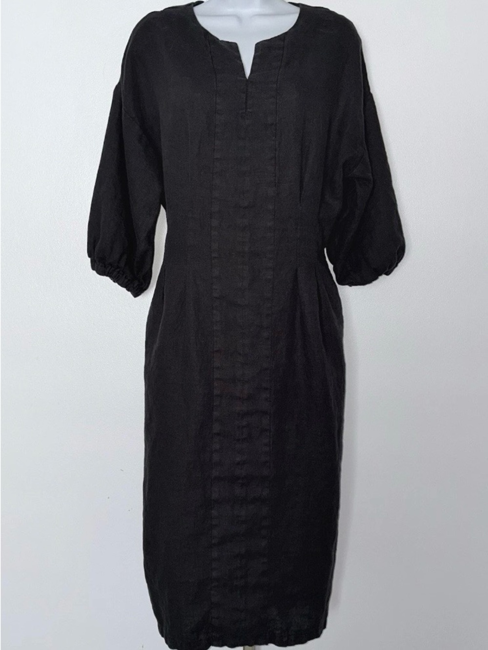 Magic Linen Black Balloon Sleeve Dress BORNEO Midi Hand-crafted Lithuania